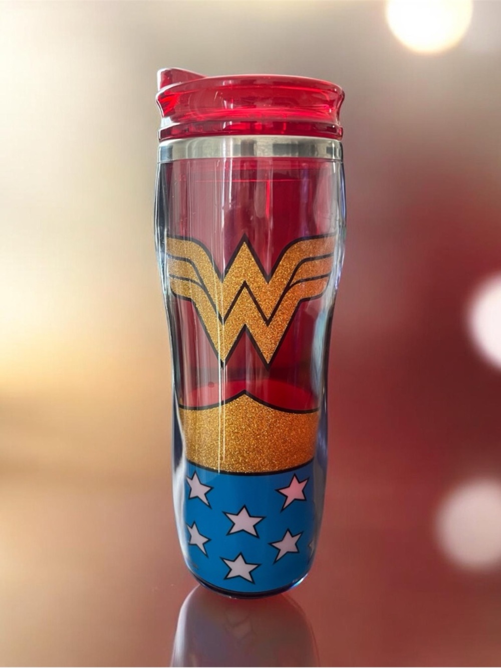 Wonder Woman Red & Blue Glitter Travel Tumbler